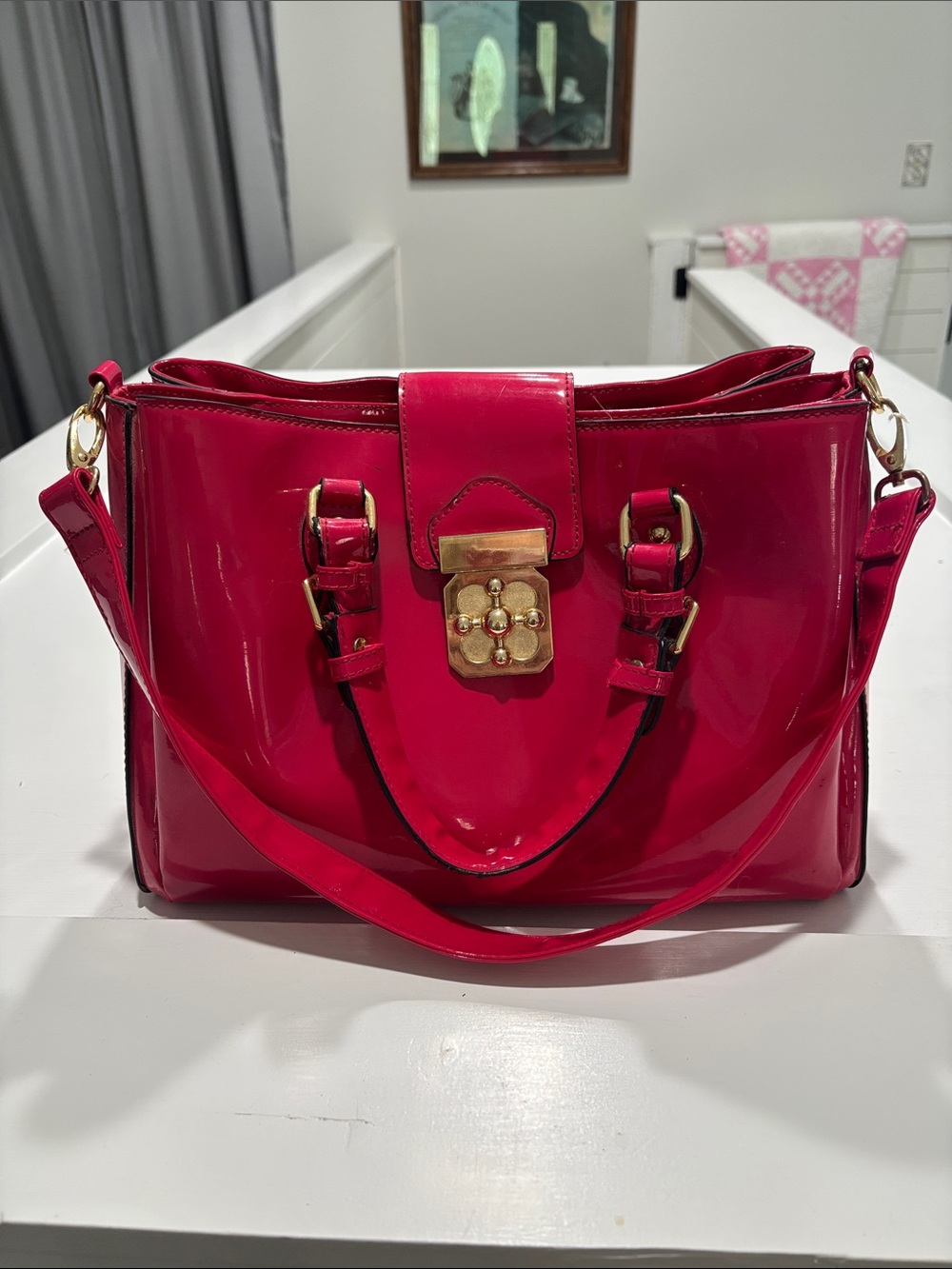 Gianni Bini Glossy Hot Pink Patent Shoulder Bag with Gold Hardware